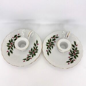 VTG Japan Holly Berry Porcelain Chamberstick Candle Holders Set‎ of 2 Gold Trim